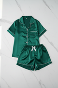 Emerald Green Silk Satin Pajama Set – Flat Lay