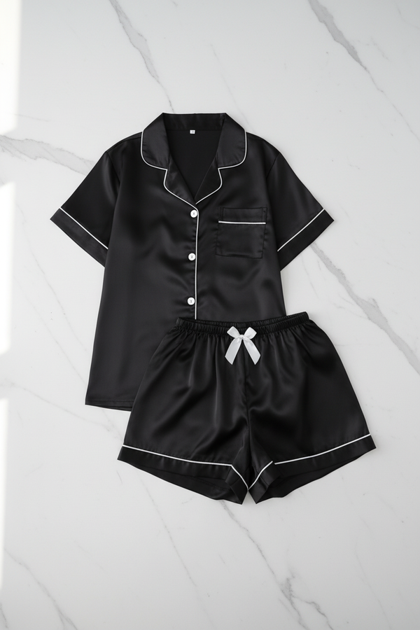 Black Silk Satin Pajama Set – Flat Lay