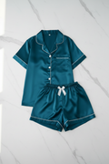 Cyan Silk Satin Pajama Set – Flat Lay