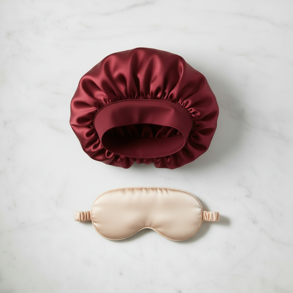 Burgundy Bonnet and Nude Cream Sleep Mask Bundle