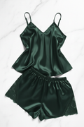 Dark Green Silk Satin Spaghetti Strap Pajama Set