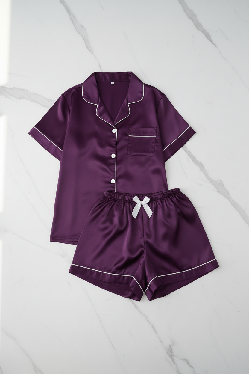 Purple Silk Satin Pajama Set – Flat Lay