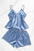 Sky Blue Silk Satin Spaghetti Strap Pajama Set