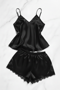 Black Silk Satin Spaghetti Strap Pajama Set