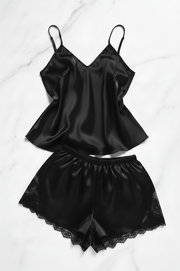Black Silk Satin Spaghetti Strap Pajama Set